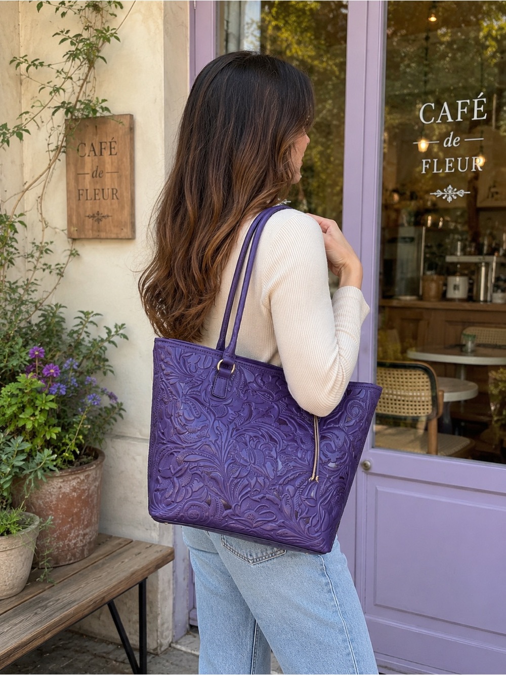 PATRICIA NashPurple Embossed Floral Tote Bag